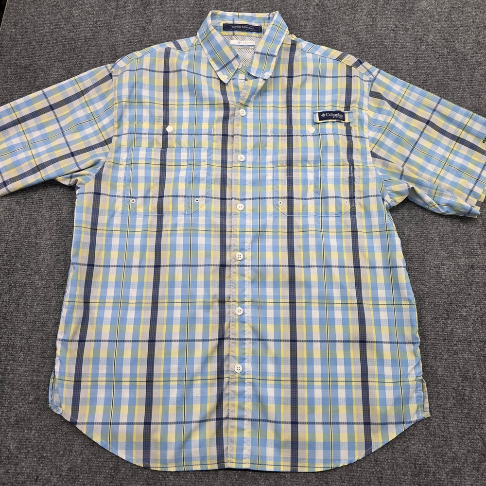 Columbia PFG Super Tamiami Mens Medium Blue Yellow Plaid Fishing Shirt FM7189